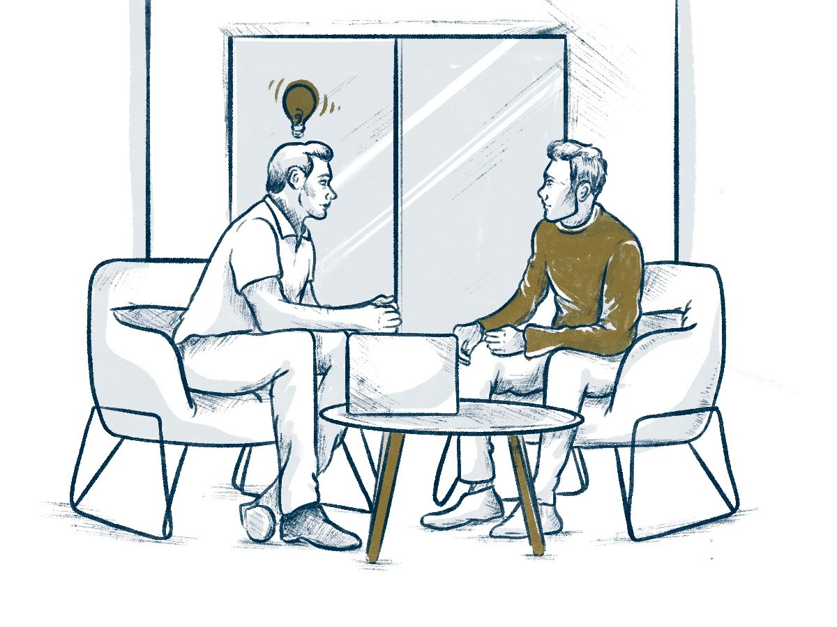 a guide to what you can expect when you work with a business coach two people talking about business coaching